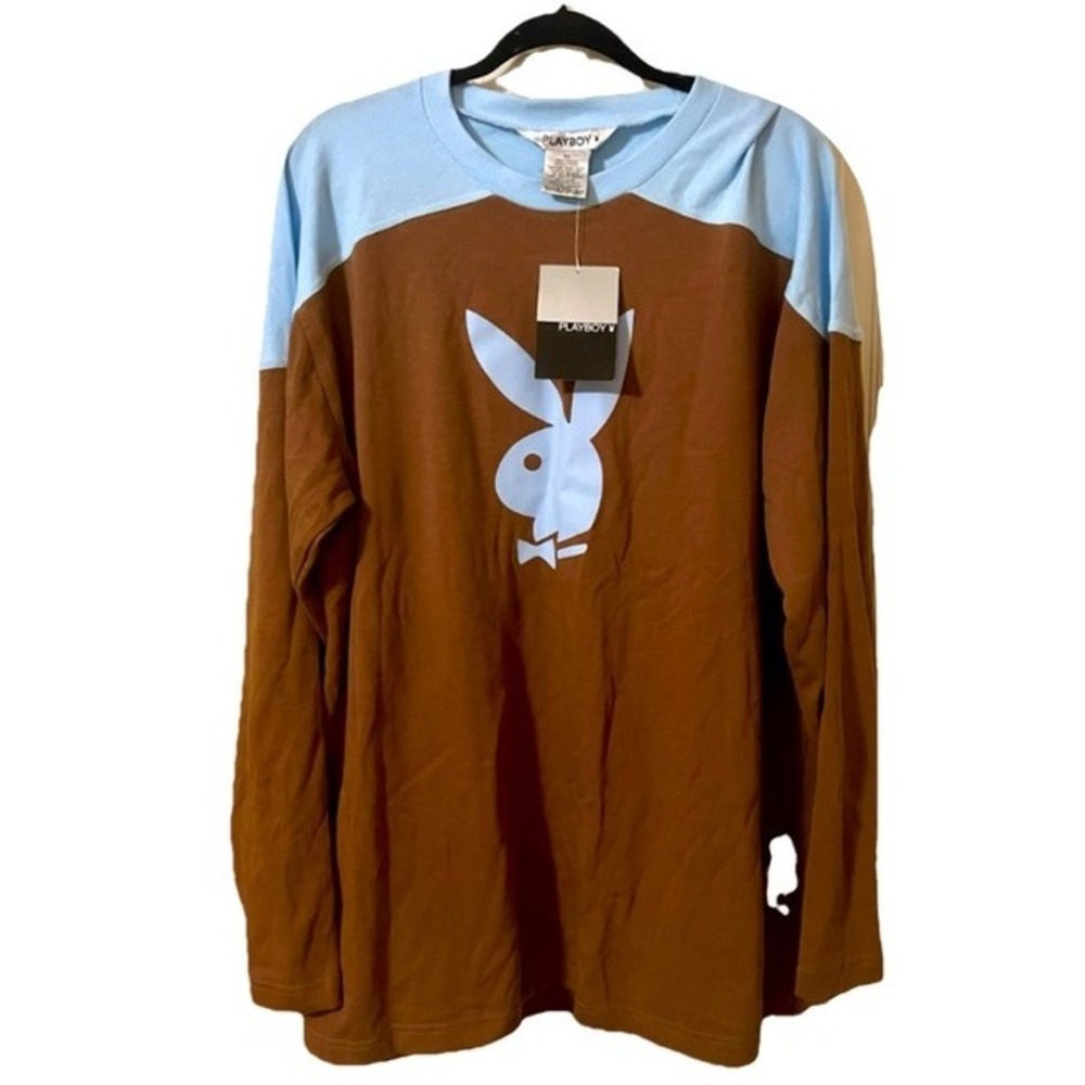 Playboy NWT Baby Blue Brown Ugly Size XL 100% Cotton Streetwear Mens Shirt